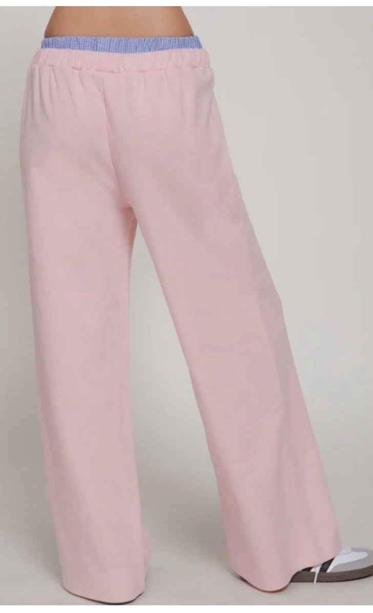 Checkered Waist - Wide Leg Sweatpants - Pink