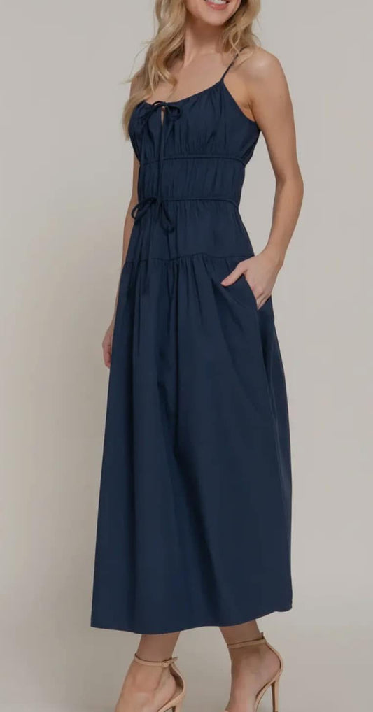 Lucia Smocked Midi Dress- Navy