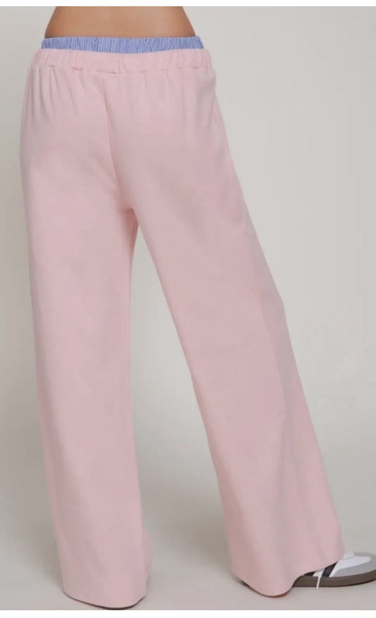 Checkered Waist - Wide Leg Sweatpants - Pink