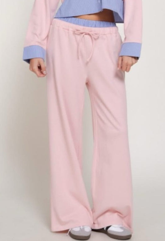 Checkered Waist - Wide Leg Sweatpants - Pink