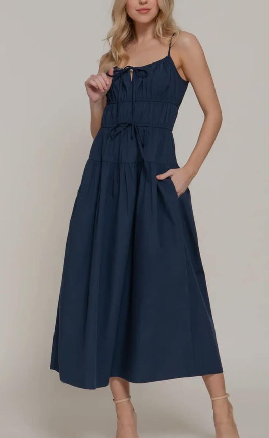Lucia Smocked Midi Dress- Navy